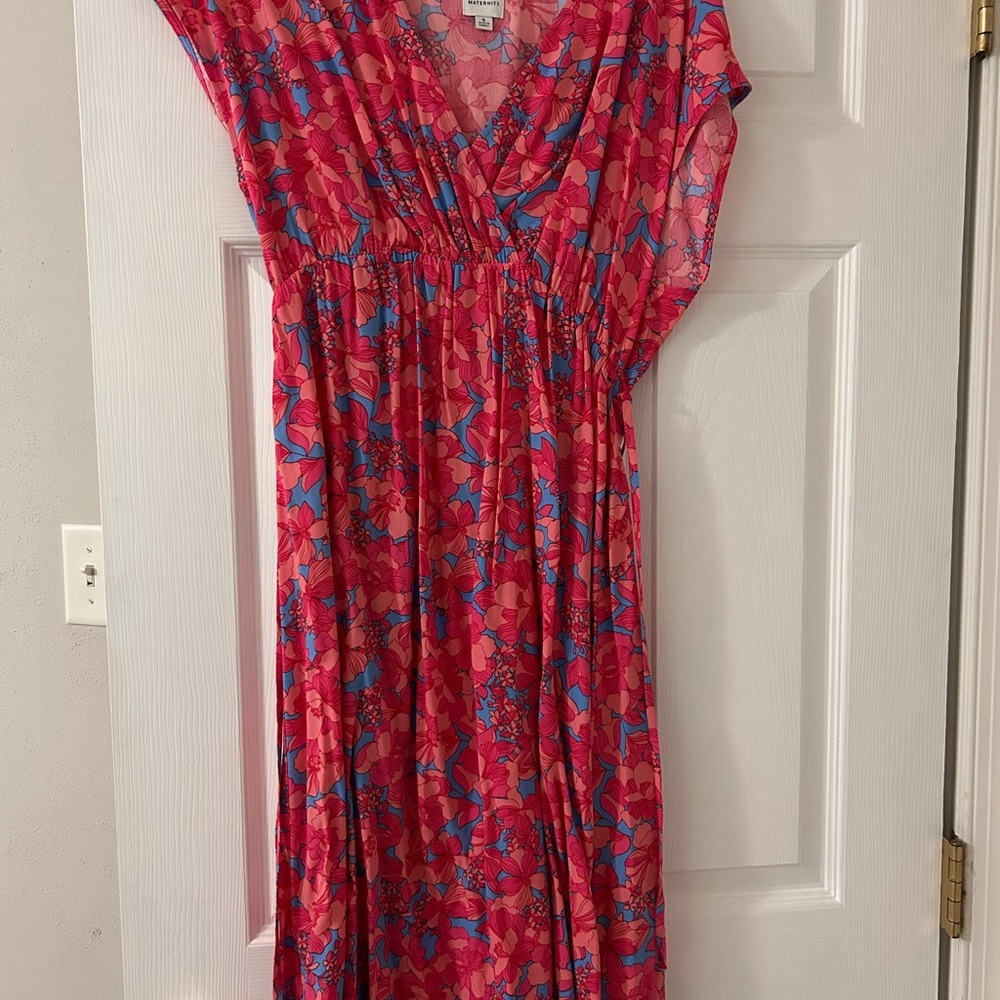 GAP Maternity Pink Floral Midi Dress with Blue Accents